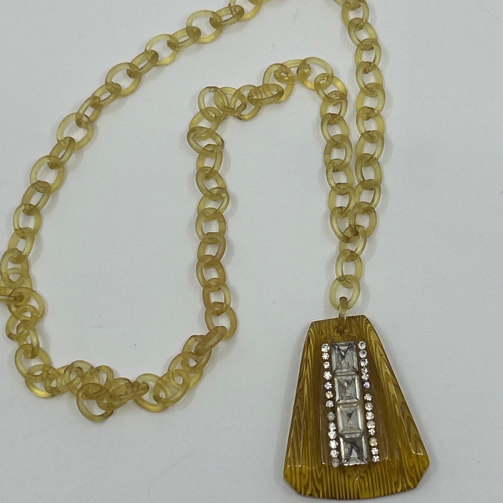 Vtg Apple Juice Celluloid Carved Rhinestone Art Deco Bakelite Pendant Necklace